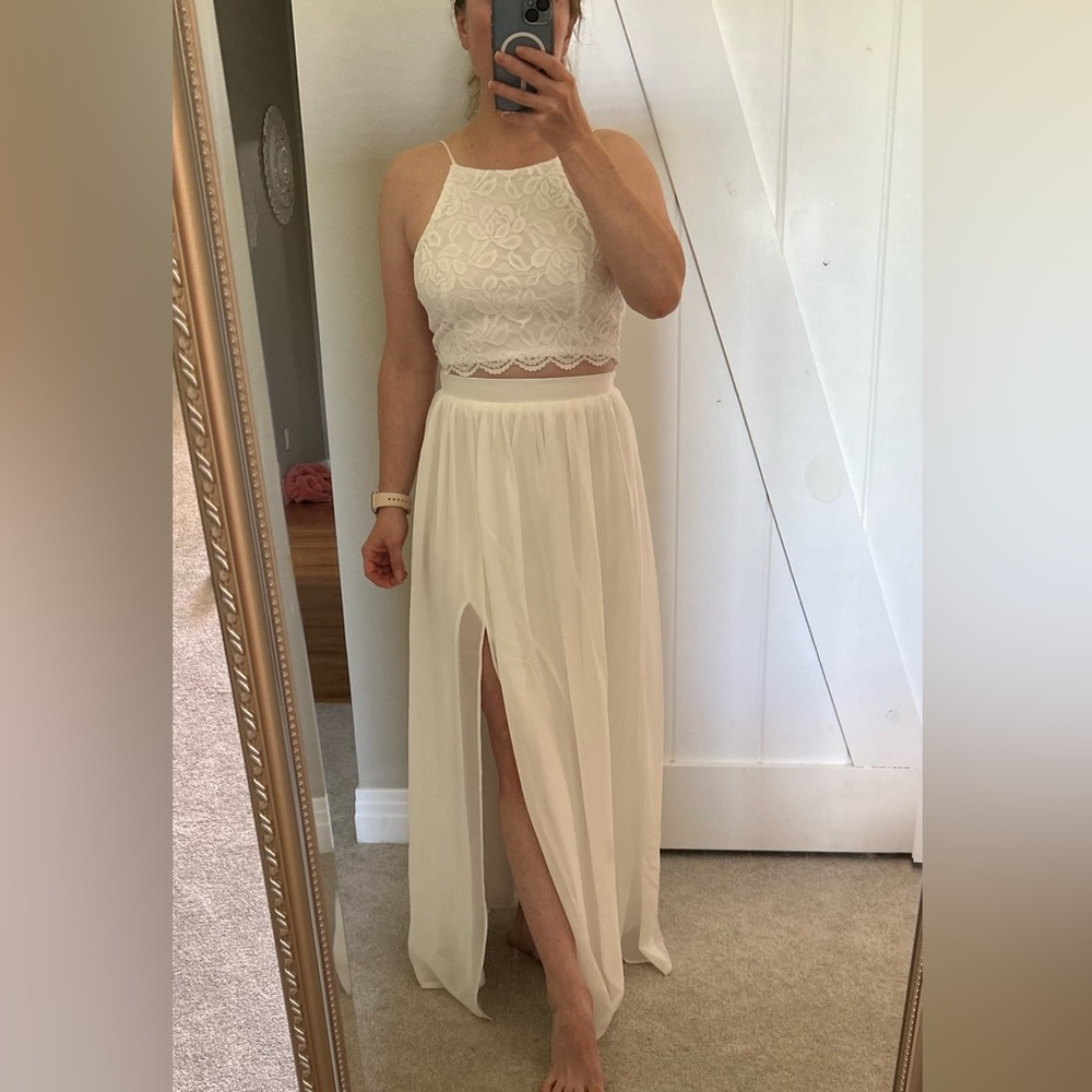 Midnight Memories White Lace Two-Piece Maxi Dress, Lulus, size XS, NWOT